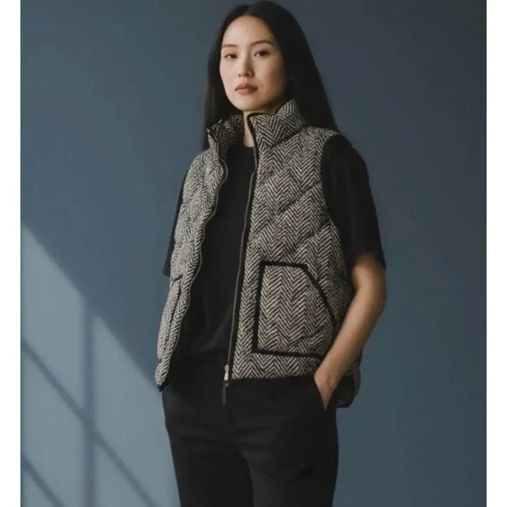 J. Crew Quilted Herringbone Down Feather Vest  - full zip-Size XS Black Cream